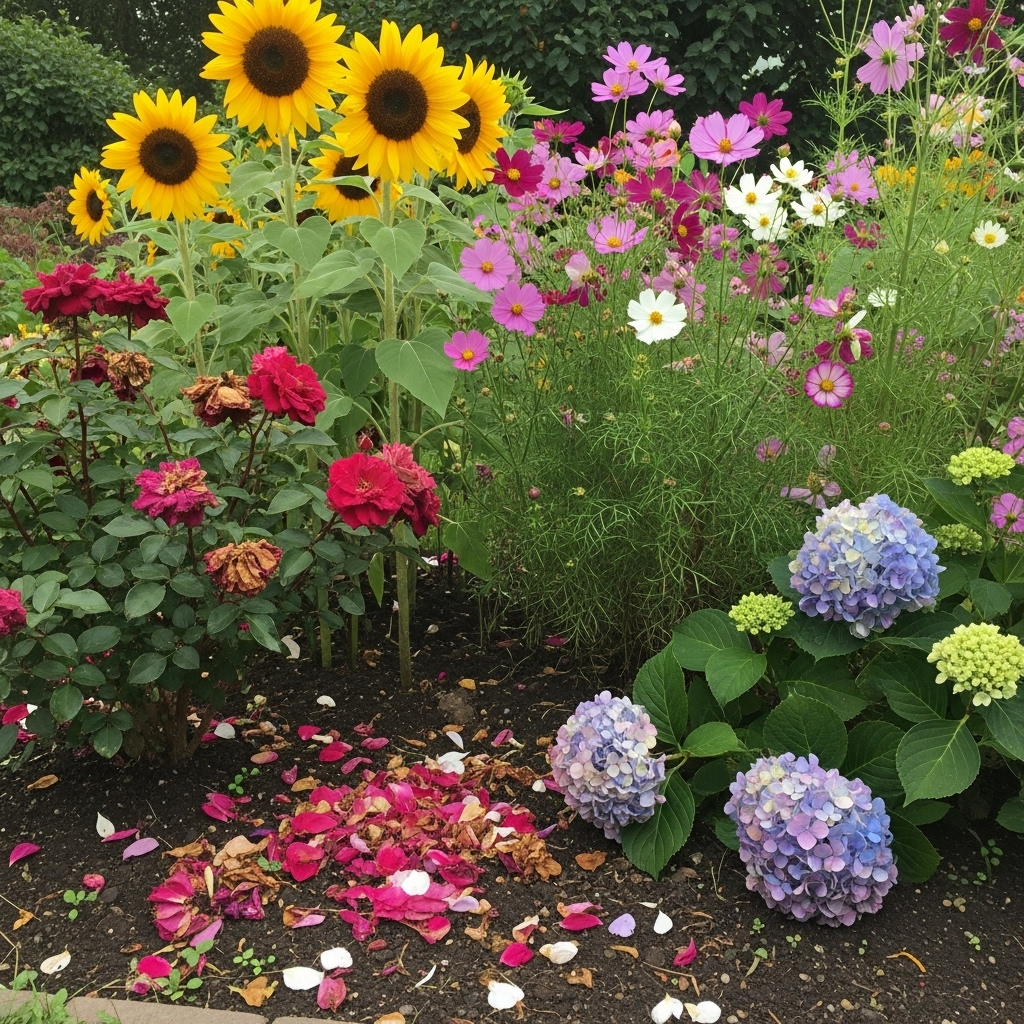 A vibrant, colorful garden with various flowers, some blooming beautifully and some with wilting petals, depicting the cycle of life and the fleeting nature of beauty. A gentle sunlight illuminates the scene. 복경호우: 깃털처럼 가벼운 복, 5가지 깨달음