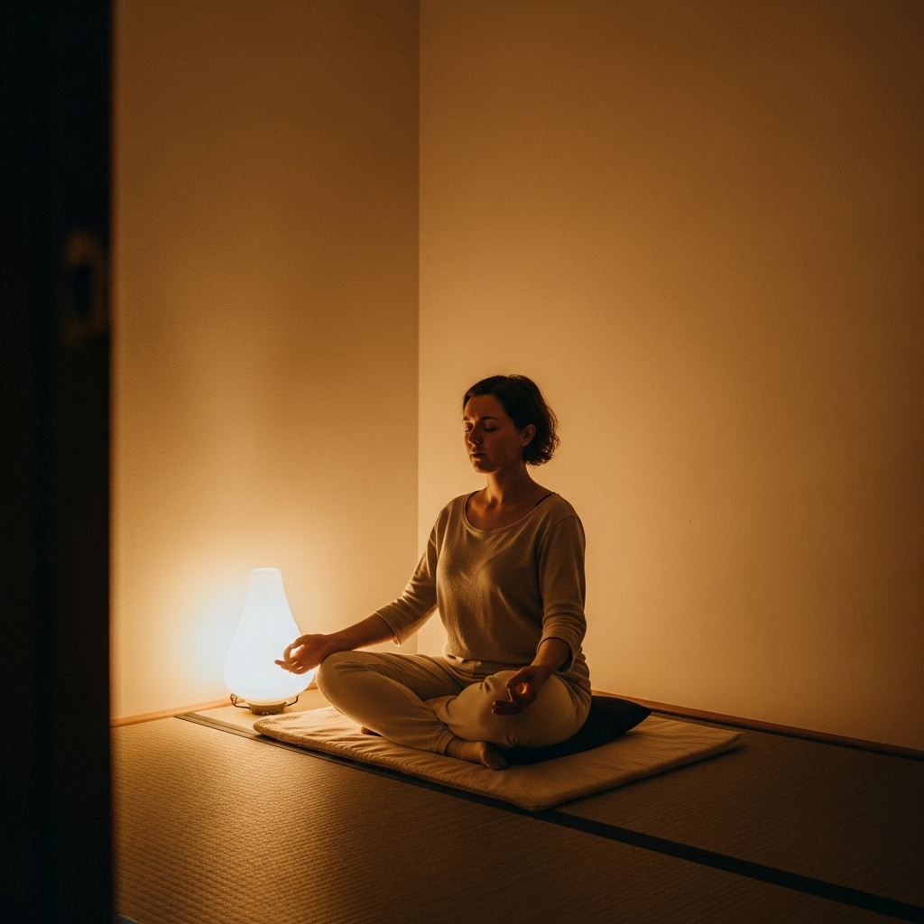 A person meditating peacefully in a simple, minimalist room with warm, soft lighting, showcasing a sense of calm and contentment. The scene conveys serenity and inner peace. 행복을 부르는 주문, 안빈낙도! 5가지 통찰로 얻는 평온