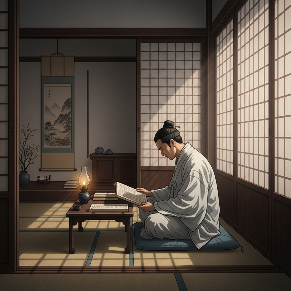 An ancient scholar in traditional Korean attire is seen reading a book by a window in a simple, elegant study, conveying a sense of peaceful contemplation and dedication to learning. 행복을 부르는 주문, 안빈낙도! 5가지 통찰로 얻는 평온