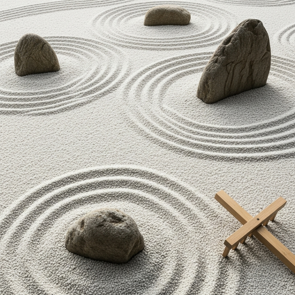 A serene, minimalist Japanese rock garden with carefully arranged rocks and raked sand, symbolizing peace, contemplation, and simplicity. 행복을 부르는 주문, 안빈낙도! 5가지 통찰로 얻는 평온