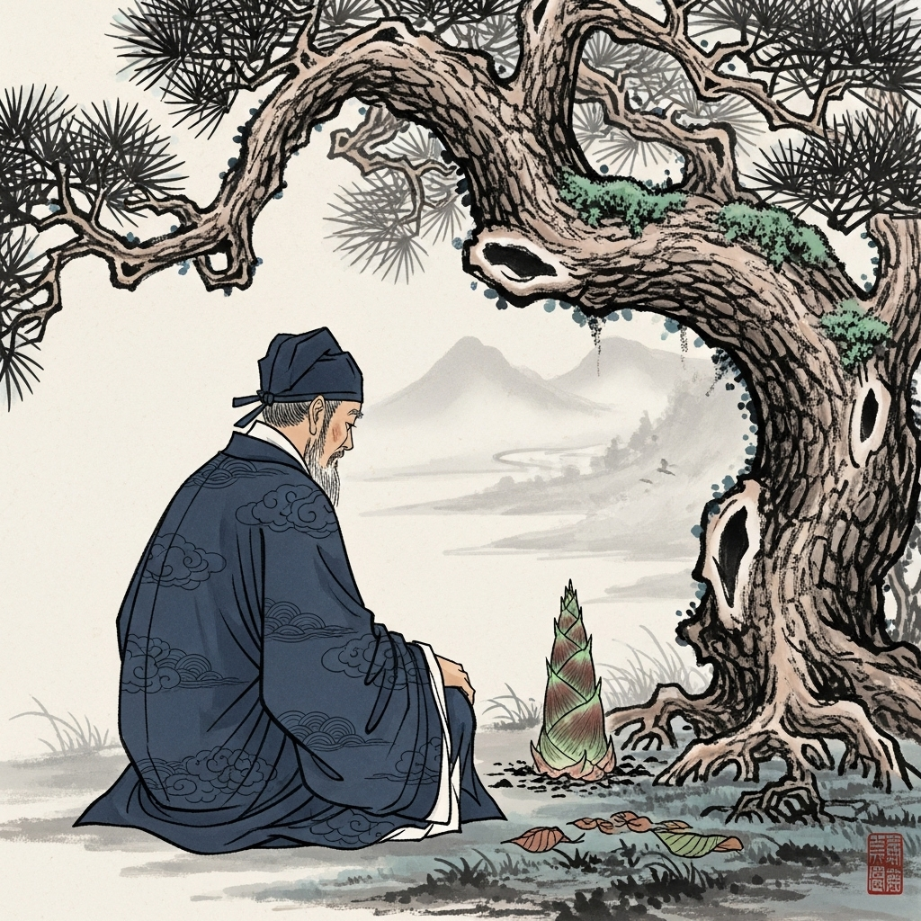 A hand-drawn illustration depicting an ancient Chinese scholar, dressed in traditional robes, seated calmly under a large, gnarled tree. He is looking thoughtfully at a small, delicate sprout growing from the ground, emphasizing the concept of 'root' or 'origin'. The style is reminiscent of traditional ink wash painting, conveying wisdom and a sense of history. No text on the image. 본말전도, 잊지 말아야 할 5가지 핵심! 당신의 우선순위는 안녕한가요?