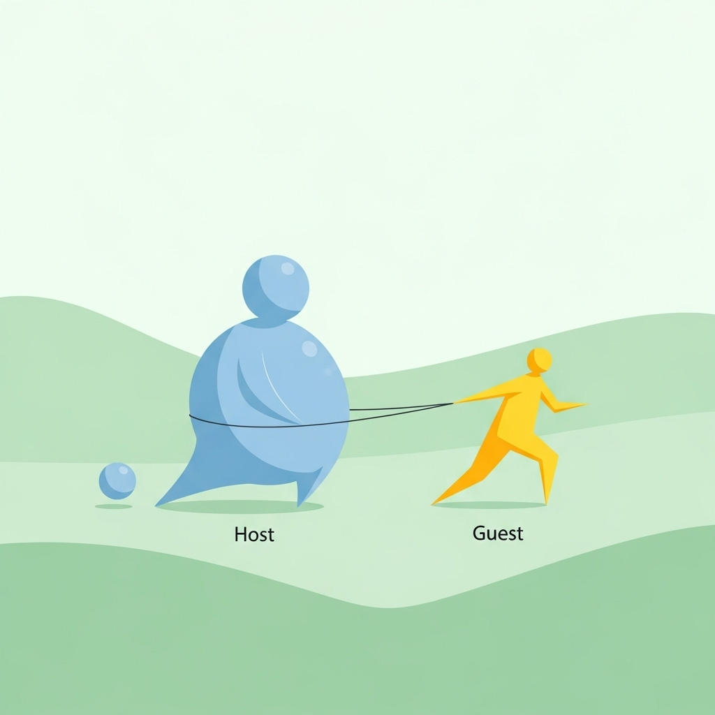 A creative depiction of two stylized figures, one clearly larger and labeled 'Host' (주인) and the other smaller, labeled 'Guest' (손님). They are positioned as if the smaller 'Guest' figure is leading or dominating the larger 'Host' figure, visually representing the concept of "주객전도" (Jugaekjeondo). The style is simple, clean, and uses light, contrasting colors. No direct text, just the implied roles. 본말전도, 잊지 말아야 할 5가지 핵심! 당신의 우선순위는 안녕한가요?