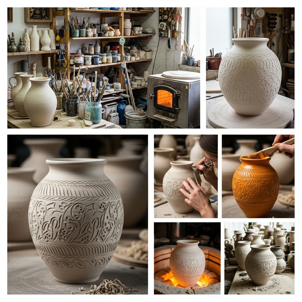 A beautifully crafted ceramic vase, still being polished by a skilled artisan in a dimly lit studio, symbolizing a 'great vessel' in the making. The focus is on the intricate details and the process, not the speed. A warm, earthy color palette with soft lighting. No text in the image. 대기만성: 천천히 빛나는 성공, 인생 후반전을 위한 7가지 지혜