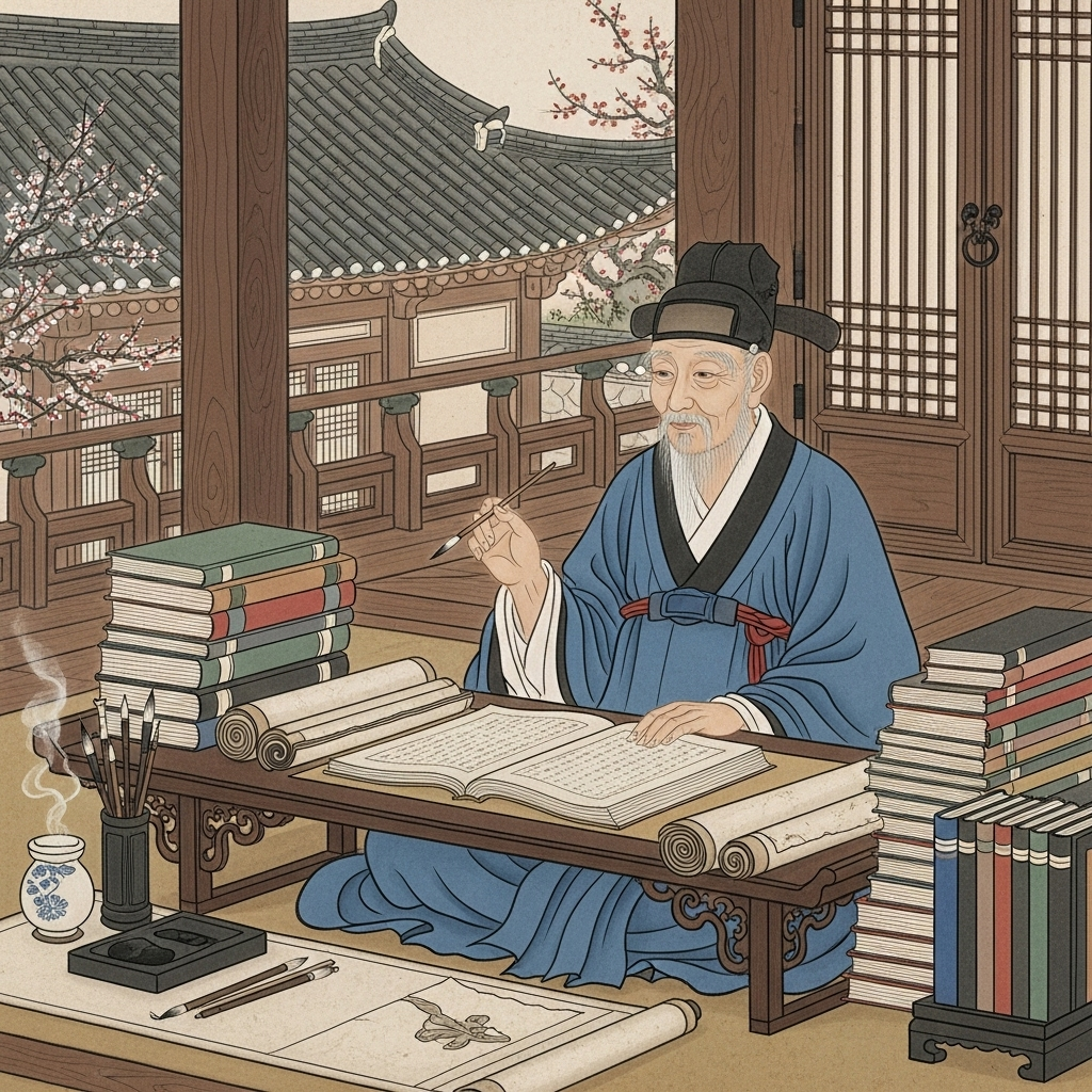 A historical painting style depiction of a wise, elderly Korean scholar with a long beard, sitting calmly at a desk filled with books, possibly representing Hwang Hee. The scene evokes a sense of deep thought and perseverance, with traditional Korean architecture in the background. No text. 대기만성: 천천히 빛나는 성공, 인생 후반전을 위한 7가지 지혜