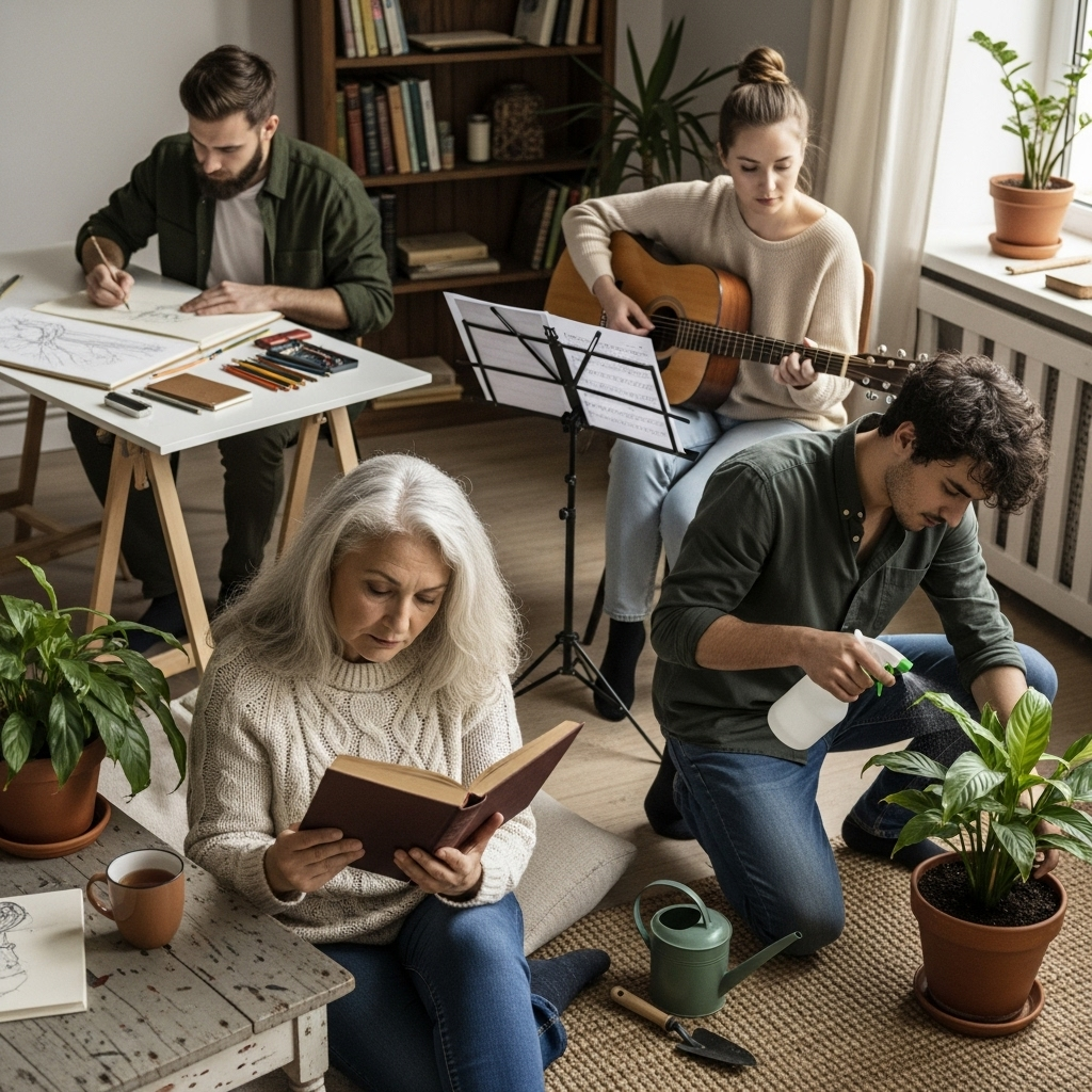 A diverse group of people of various ages and backgrounds, each engaged in a different activity that represents slow, steady growth – one person reading a book, another tending a small plant, another practicing a musical instrument, and one sketching. The overall mood is calm and focused, with gentle light. No text. 대기만성: 천천히 빛나는 성공, 인생 후반전을 위한 7가지 지혜
