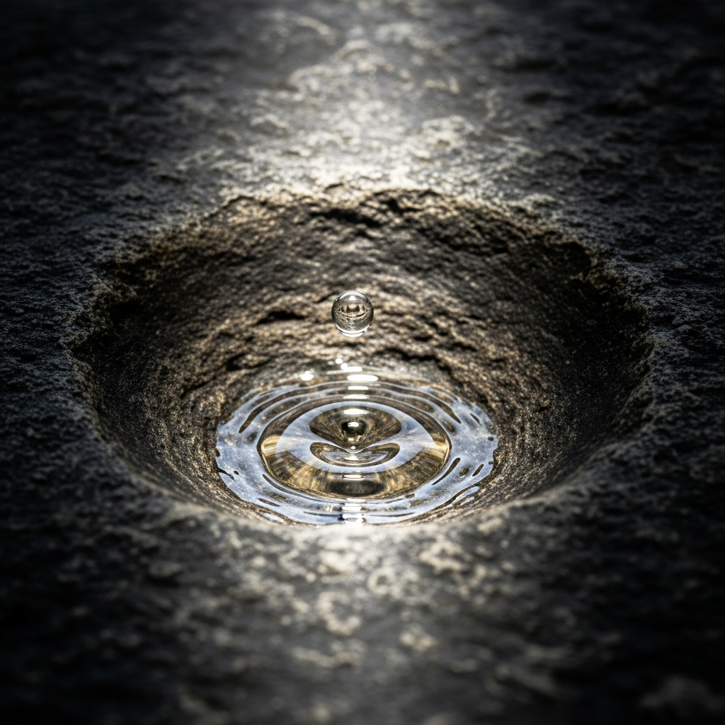 A single, persistent drop of water slowly eroding a hard rock surface, showcasing the power of consistent, small efforts over time. The scene is minimalistic and focused on the interaction between water and stone, with natural light. No text. 대기만성: 천천히 빛나는 성공, 인생 후반전을 위한 7가지 지혜