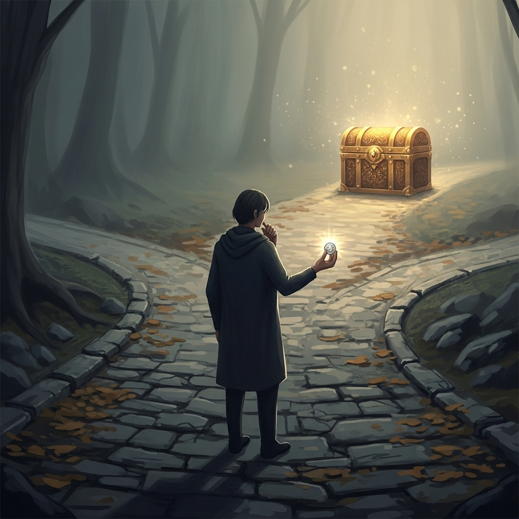 A person standing at a crossroads with a small shiny coin in one hand and a large golden treasure chest in the distance, symbolizing the choice between small immediate gains and larger long-term benefits, illustrated in a thoughtful and contemplative style 소탐대실의 의미와 교훈 작은 욕심이 큰 것을 잃게 만드는 5가지 이유