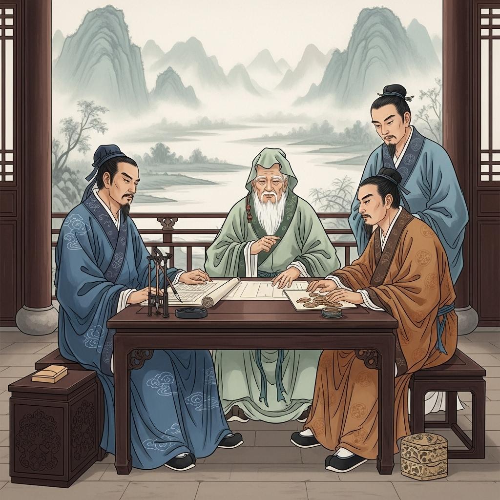 Ancient Chinese scholars and merchants in traditional robes discussing around a table with scrolls and coins, depicting historical scenes of wise decision-making versus greed, in traditional Chinese painting style 소탐대실의 의미와 교훈 작은 욕심이 큰 것을 잃게 만드는 5가지 이유
