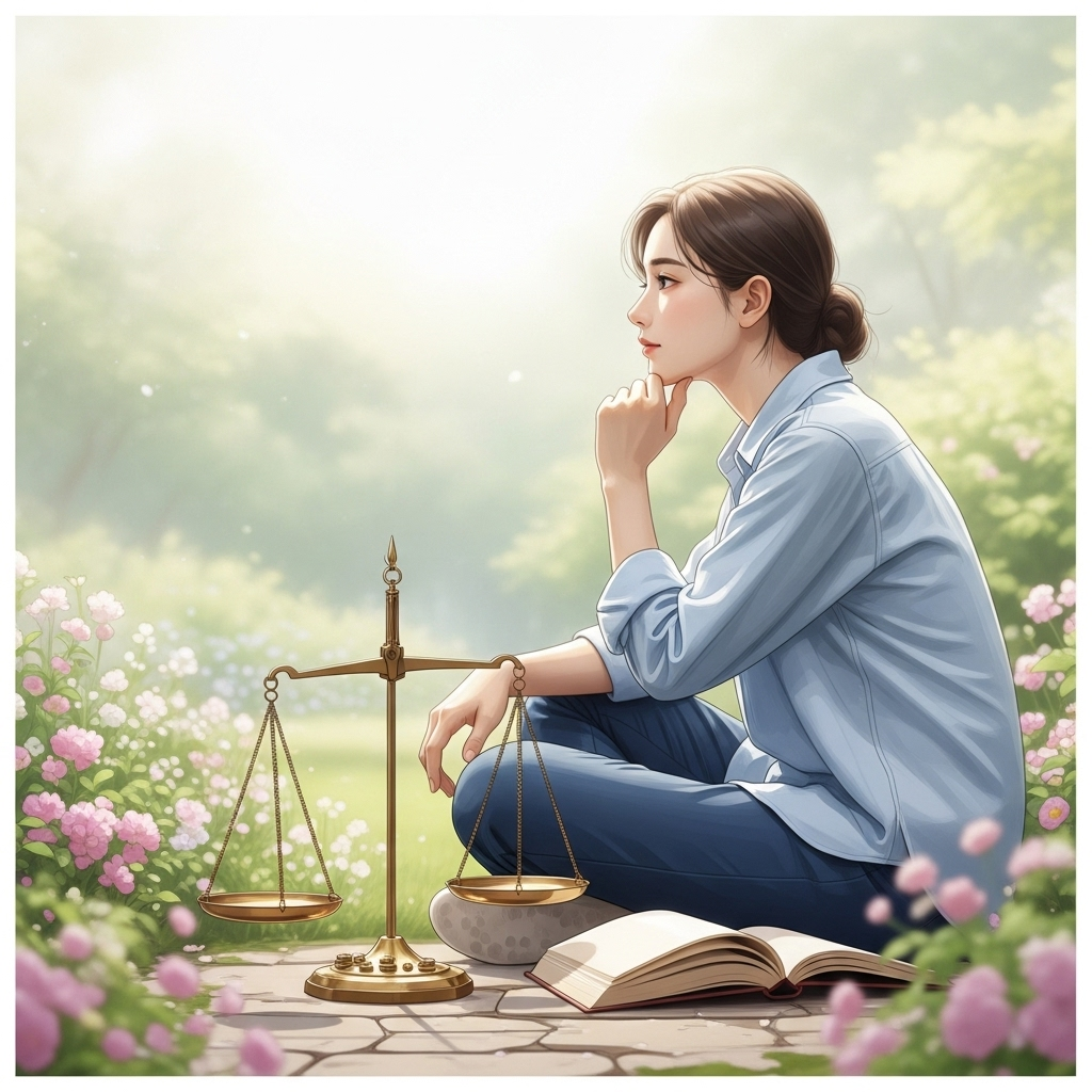 A thoughtful person sitting in a peaceful garden, contemplating life choices with a balance scale nearby, representing wisdom and careful consideration, in a serene and reflective atmosphere 소탐대실의 의미와 교훈 작은 욕심이 큰 것을 잃게 만드는 5가지 이유