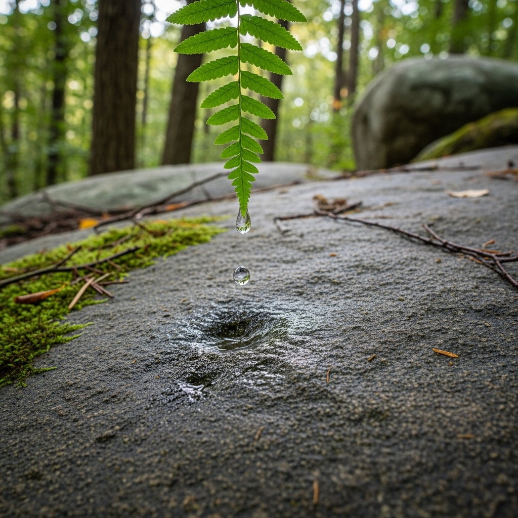 A single water drop slowly but persistently dripping onto a large, hard rock, gradually creating a small indentation. The scene conveys a sense of quiet determination and the passage of time. A serene natural environment surrounds it. 수적천석의 힘: 작은 물방울이 바위를 뚫는 7가지 지혜