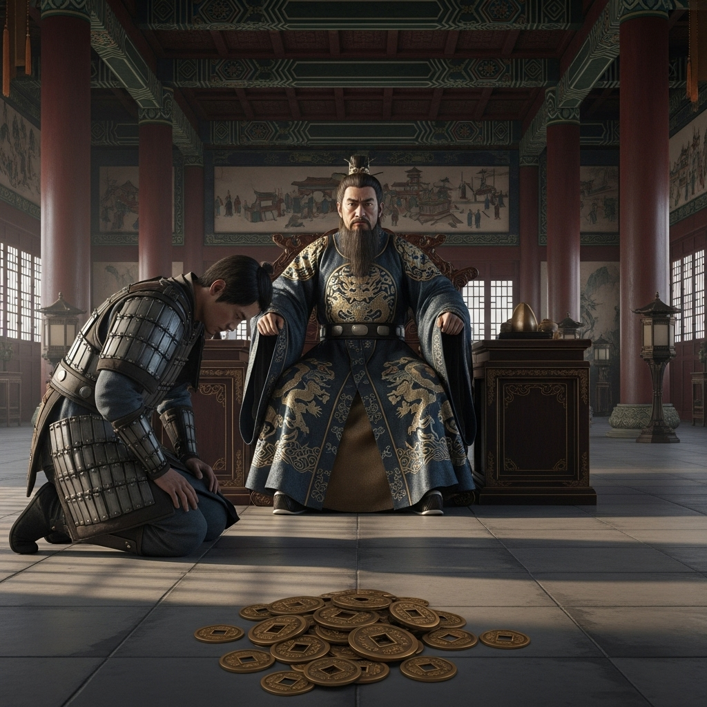 An ancient Chinese official, Zhang Bi, in traditional attire, looking sternly at a kneeling soldier. A small pile of coins is visible in the foreground. The background shows a classical government building interior. 수적천석의 힘: 작은 물방울이 바위를 뚫는 7가지 지혜