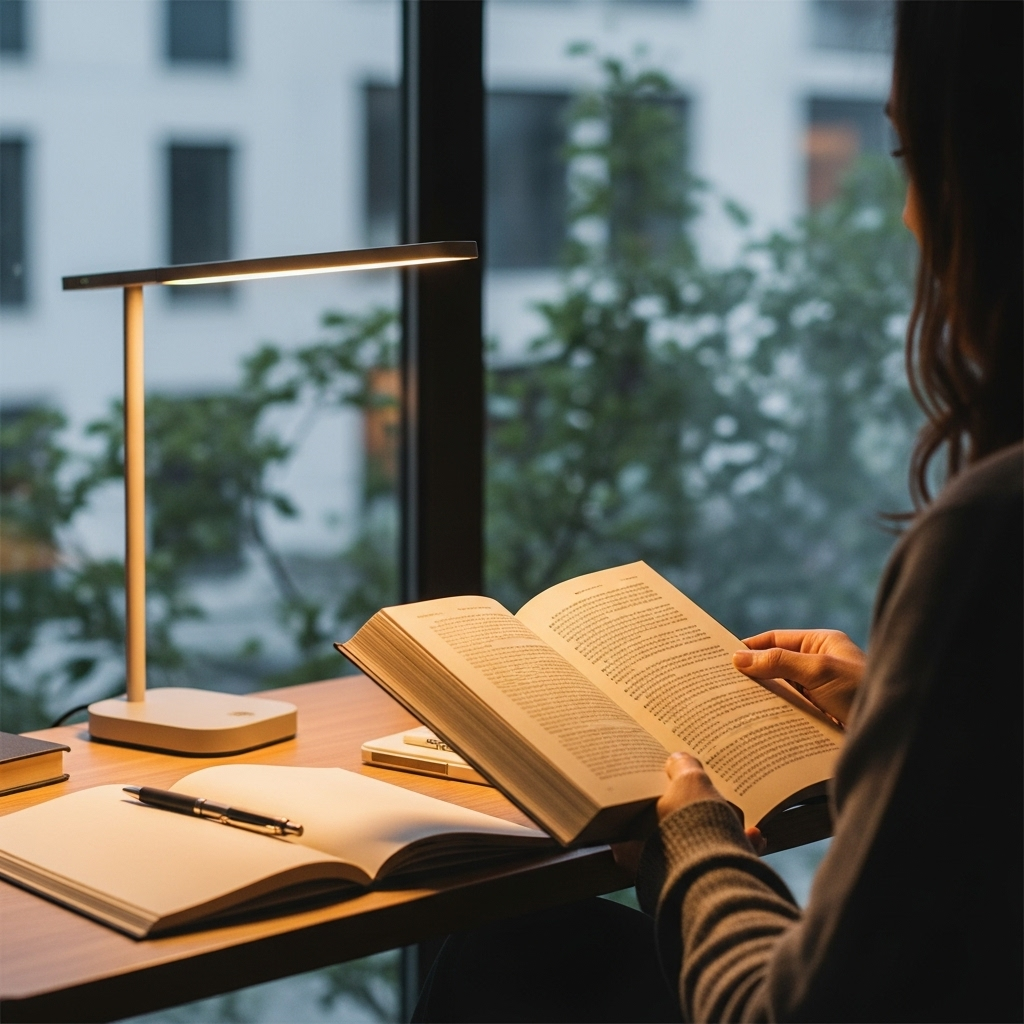 A person sitting at a beautifully lit desk, reading a book with an open notebook and a pen nearby, surrounded by a soft, warm glow, symbolizing continuous learning and personal growth. The setting is modern and comfortable, with a subtle hint of nature outside a window. 학이시습: 배우고 익히는 당신이 얻을 5가지 놀라운 변화