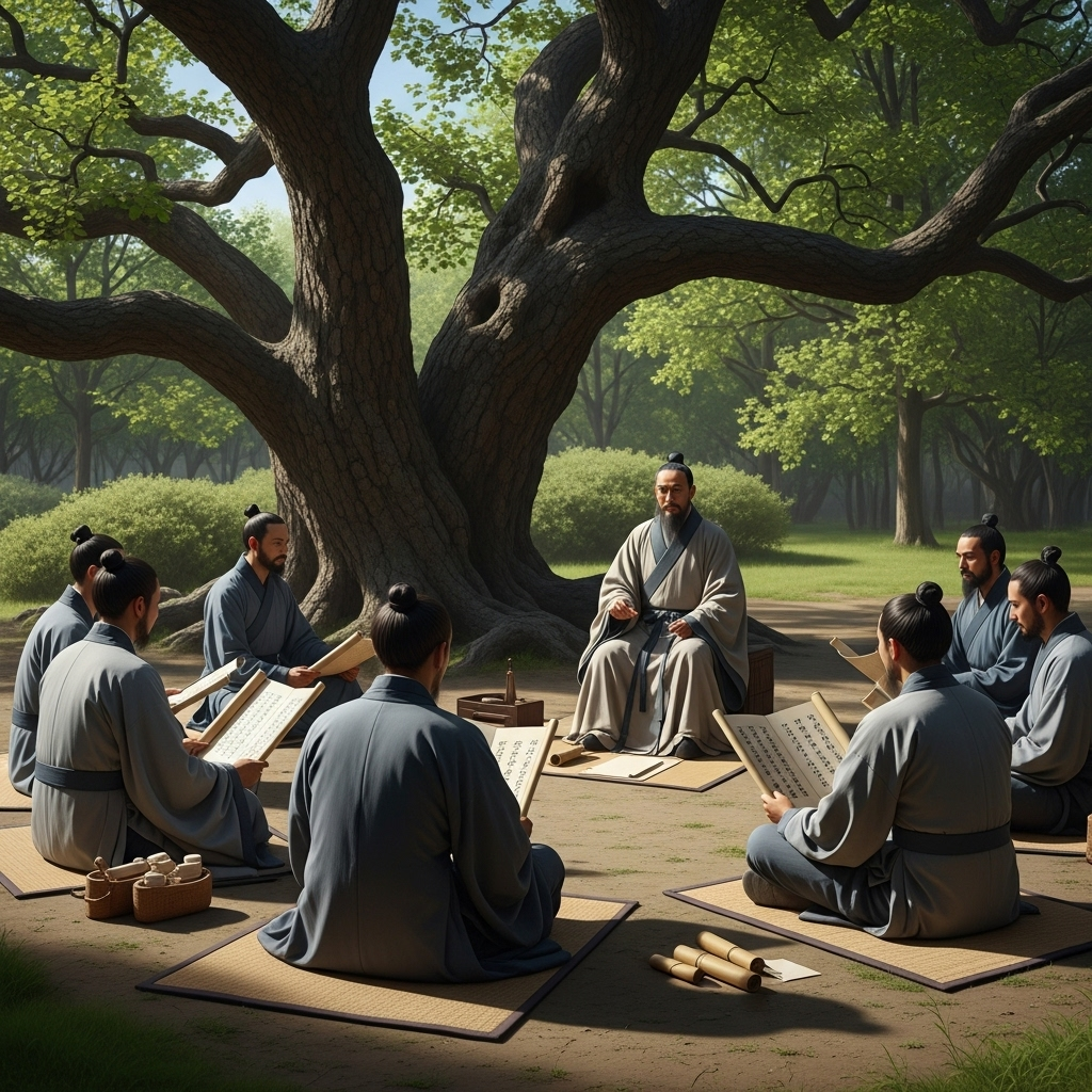 An ancient Chinese scholar, presumably Confucius, surrounded by his attentive students in a traditional setting, perhaps a simple outdoor study area under a large tree, symbolizing a teacher imparting wisdom to disciples. 학이시습: 배우고 익히는 당신이 얻을 5가지 놀라운 변화