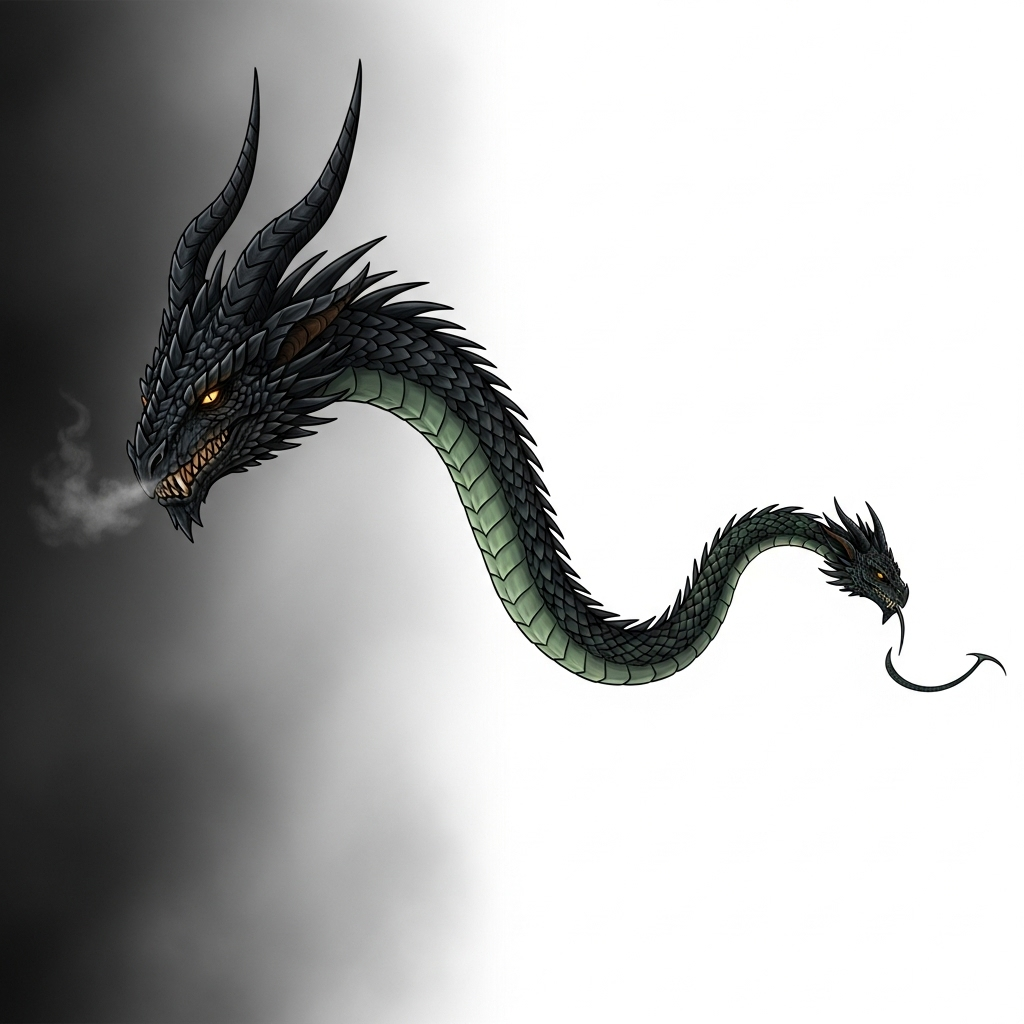 A powerful dragon head on the left, transitioning into a small, thin snake tail on the right, symbolizing a grand beginning and a weak end. The background is simple and clean. 시작은 창대했으나 끝은 미약? '용두사미'를 피하는 5가지 지혜!