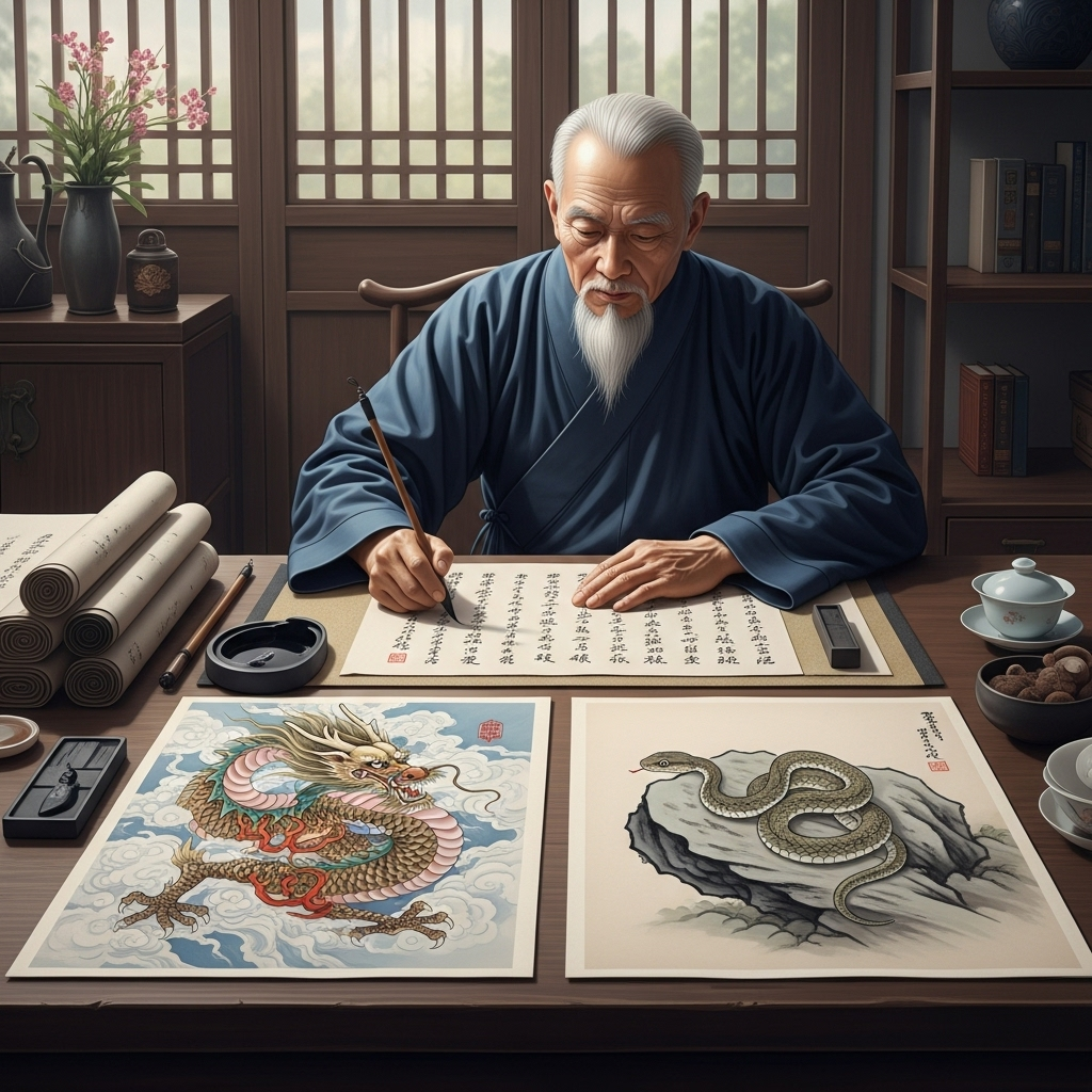 An ancient Chinese scholar in a traditional robe, sitting at a desk with scrolls and a brush, pondering a grand dragon and a small snake. The setting is a serene study. 시작은 창대했으나 끝은 미약? '용두사미'를 피하는 5가지 지혜!