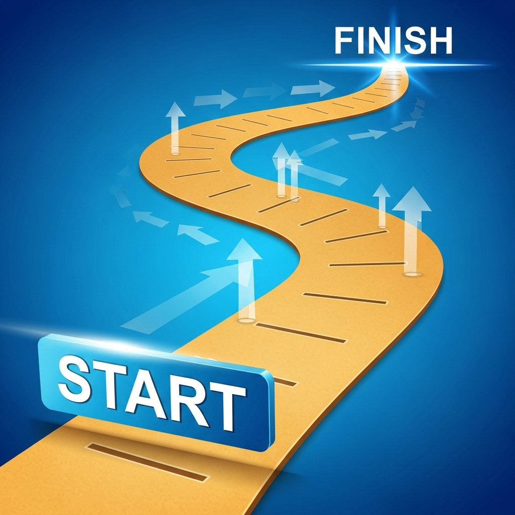 A visual representation of a journey from a clear, well-defined starting point to a successful, completed finish line, illustrating perseverance and achievement. The path is winding but clear. 시작은 창대했으나 끝은 미약? '용두사미'를 피하는 5가지 지혜!