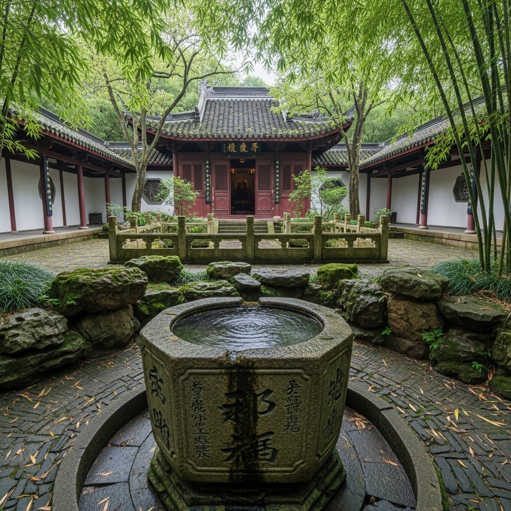 An ancient stone water basin with carved Chinese characters in a peaceful temple garden, with moss-covered stones and traditional architecture in the background 오유지족 사자성어로 배우는 7가지 삶의 지혜