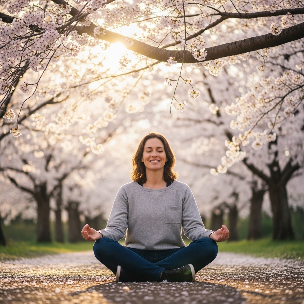 A peaceful meditation scene with a person sitting cross-legged in nature, surrounded by cherry blossoms and reflecting on inner contentment with soft natural lighting 오유지족 사자성어로 배우는 7가지 삶의 지혜