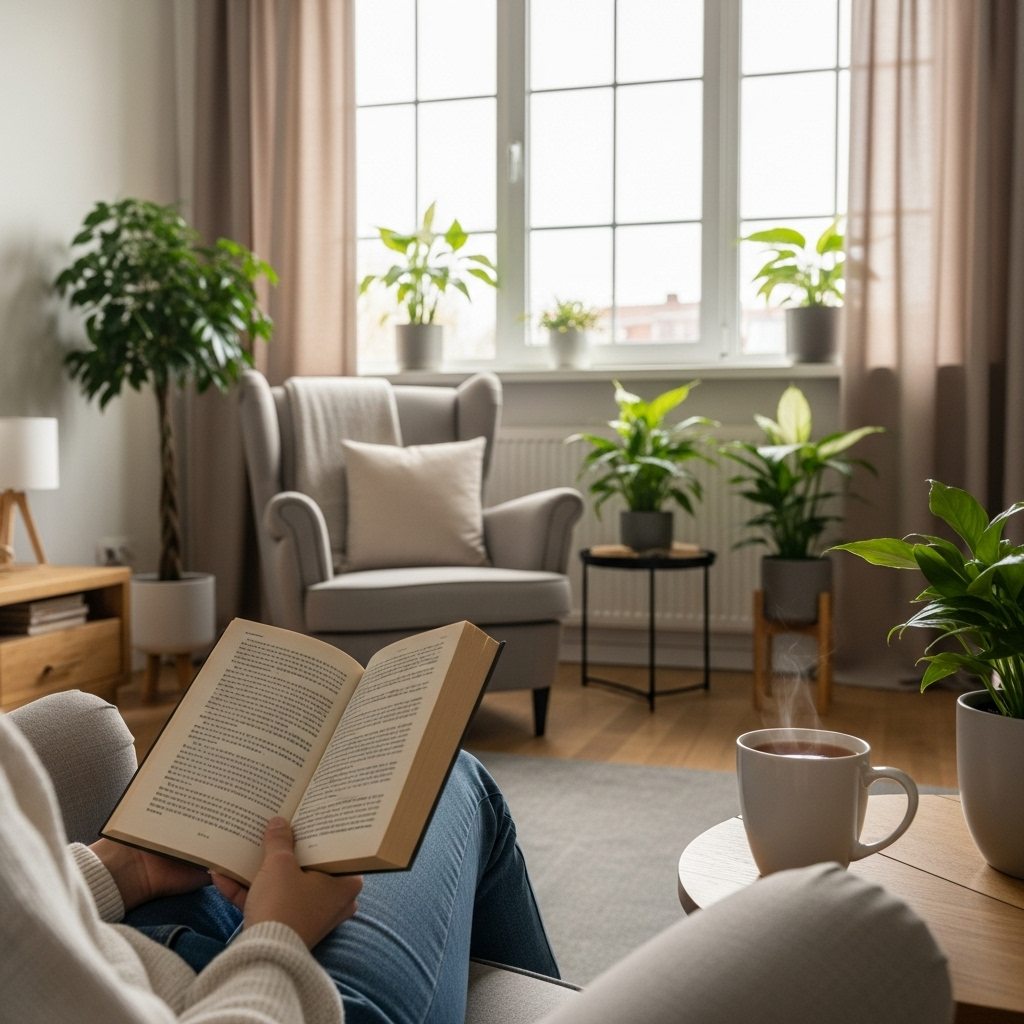 A calm and content person enjoying simple pleasures like reading a book with a cup of tea in a cozy room filled with warm sunlight and plants 오유지족 사자성어로 배우는 7가지 삶의 지혜