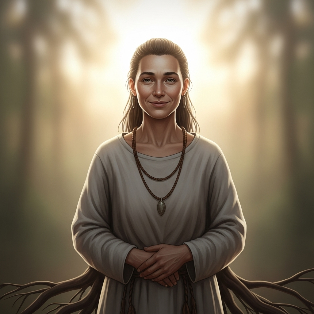 A person with a calm and gentle expression, standing firmly like a tree with deep roots, symbolizing inner strength and outer gentleness. The background is serene, perhaps with a soft light. The image should convey peace and resilience without any text. 겉은 부드럽고 속은 단단한 사람들의 비밀: 외유내강 5가지 지혜