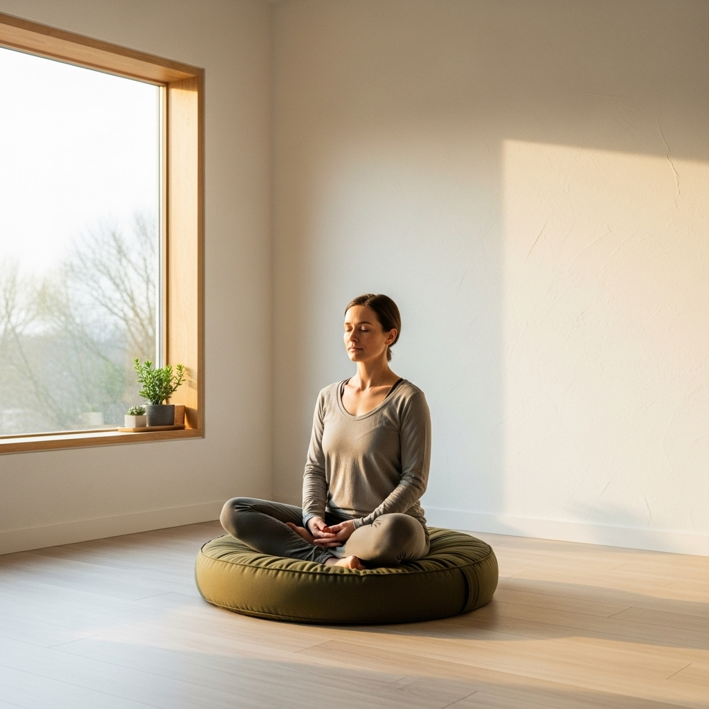 A person practicing meditation or quiet contemplation in a peaceful, minimalist room, symbolizing inner reflection and strength. Soft, natural light fills the space. No text on the image. A person practicing meditation or quiet contemplation in a peaceful, minimalist room, symbolizing inner reflection and strength. Soft, natural light fills the space. No text on the image.