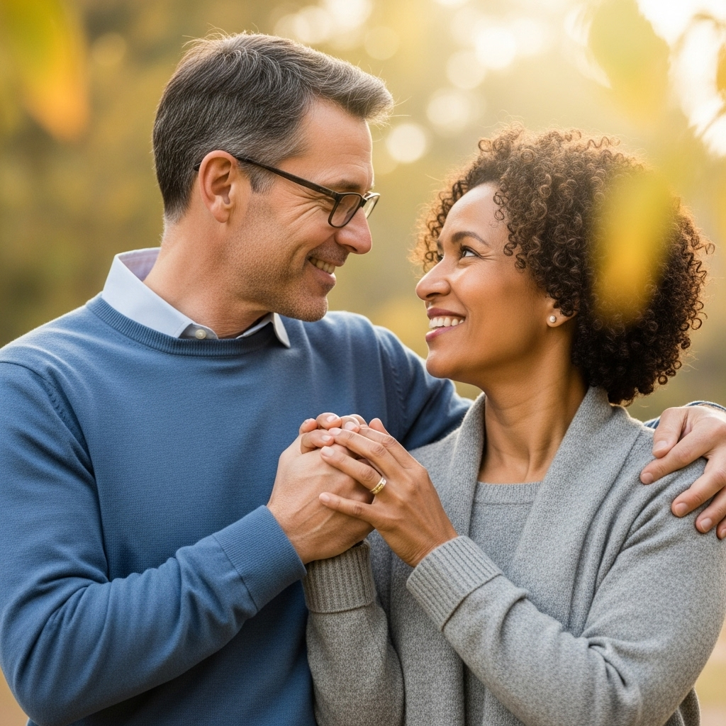 Two people, one male and one female, standing close together, looking at each other with warm smiles, holding hands. Their expressions convey deep understanding and connection. The background is a soft, warm bokeh with hints of nature. The style is realistic and gentle. 깊은 유대감을 만드는 5가지 지혜, 일심동체(一心同體)의 힘
