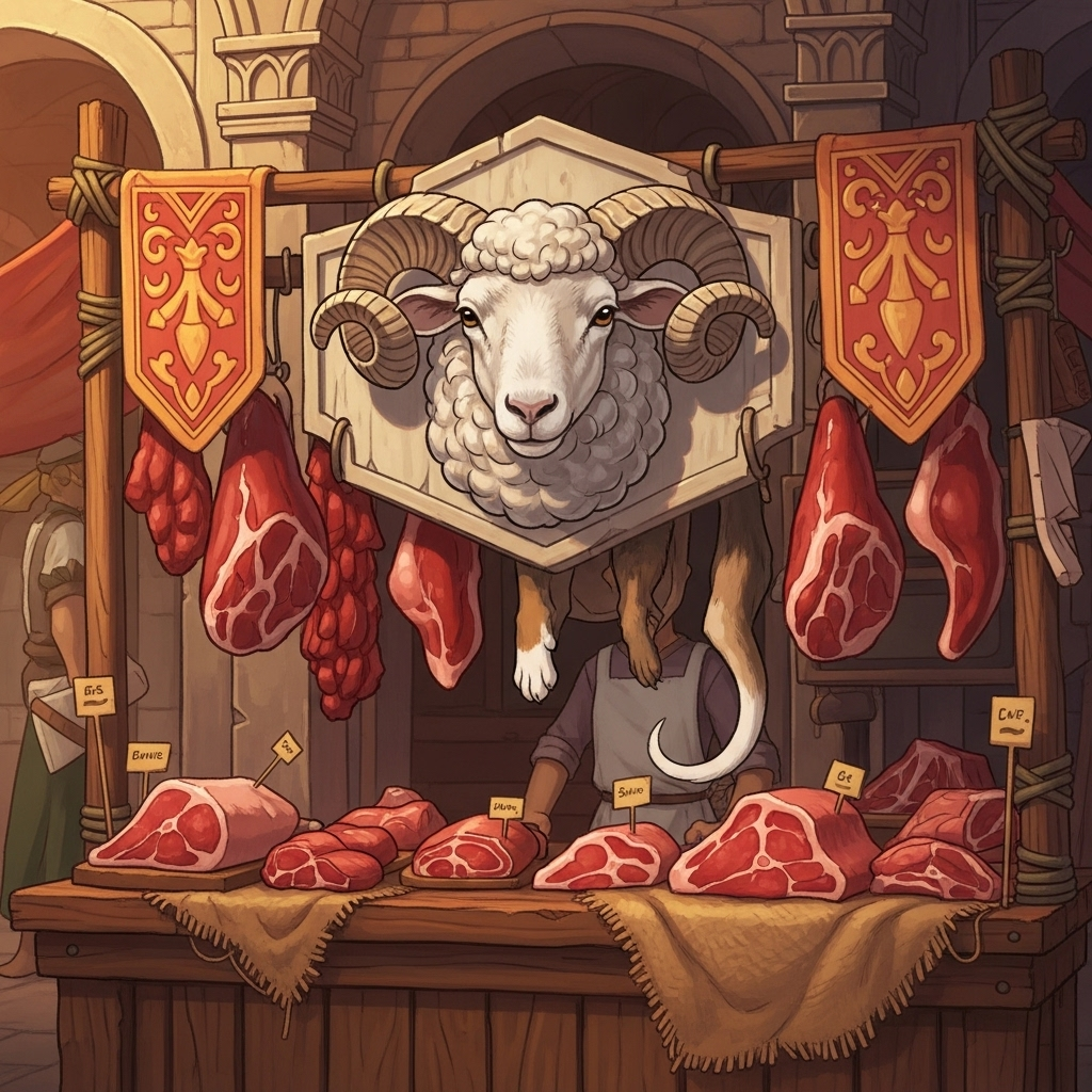 A stylized illustration of a butcher's stall in an ancient market, with a meticulously crafted sheep's head sign prominently displayed. Behind the counter, subtly, parts of a dog's body are visible, suggesting a deceptive trade. The overall scene is warm and slightly whimsical, with no text. 양두구육: 겉과 속이 다른 세상, 현명하게 대처하는 7가지 지혜