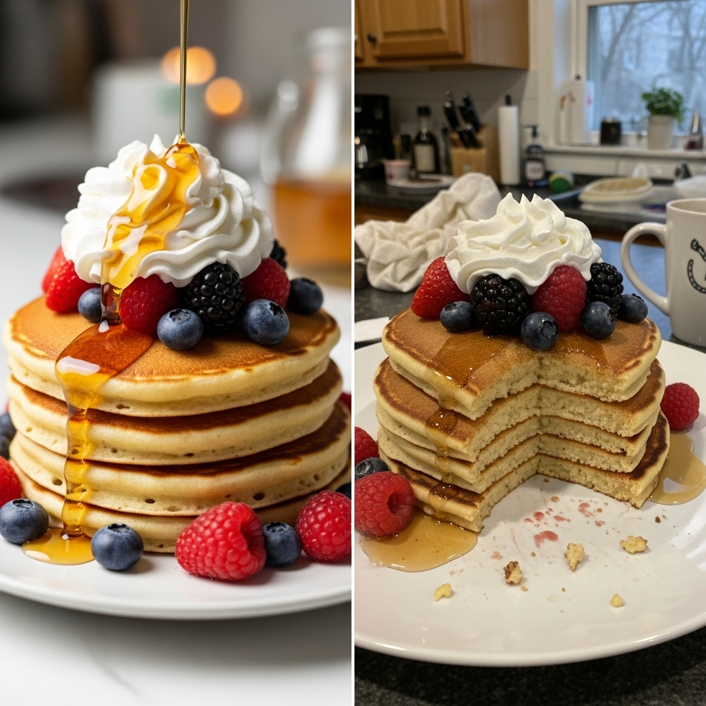 A split image. On the left, a vibrant, perfect-looking filtered photo of food on a social media feed. On the right, the same food is shown in a less appealing, more realistic light, with some mess and ordinary presentation. This contrast highlights the difference between appearance and reality in modern context, no text. 양두구육: 겉과 속이 다른 세상, 현명하게 대처하는 7가지 지혜