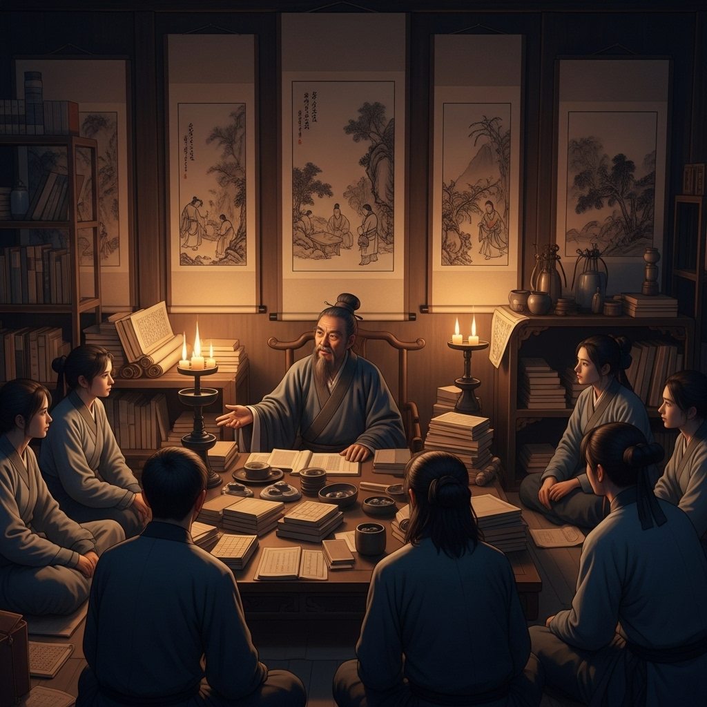 Ancient Chinese scholar sitting in a traditional study room with books and scrolls, speaking to students gathered around, warm candlelight illuminating the scene, traditional ink paintings on walls 구시화문: 입꼬리 올리게 만드는 달콤한 사자성어의 깊은 의미