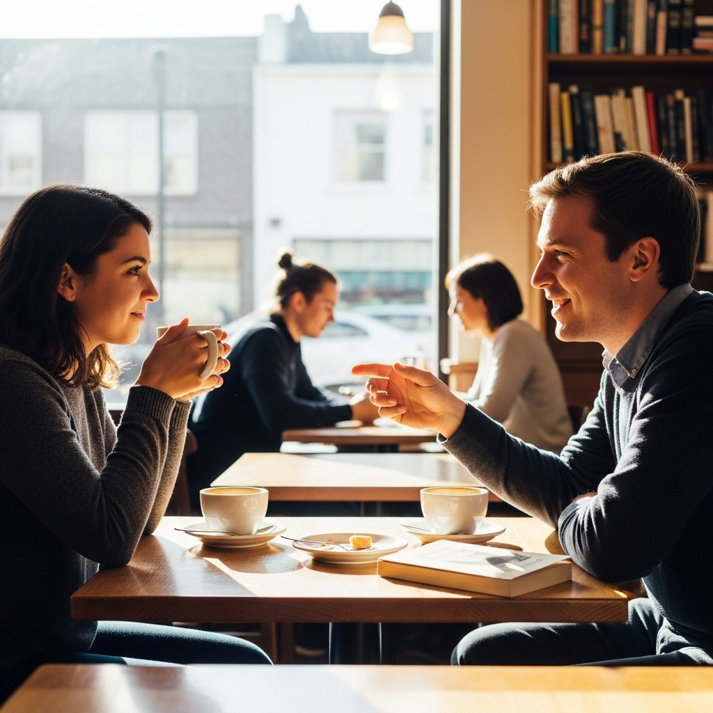 Two friends having a warm conversation in a cozy cafe, natural sunlight streaming through windows, comfortable atmosphere with coffee cups and gentle smiles 구시화문: 입꼬리 올리게 만드는 달콤한 사자성어의 깊은 의미
