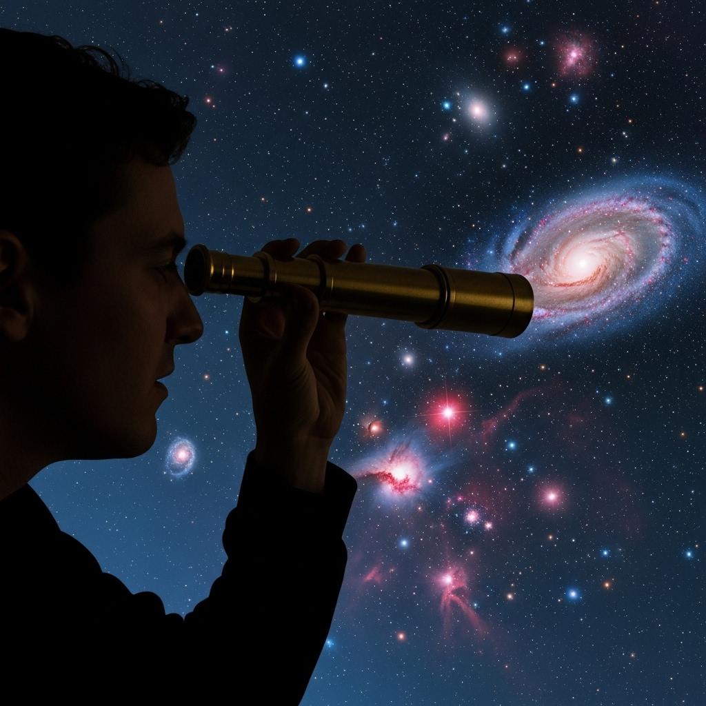 A person looking through a small telescope or a long tube towards a vast, starry sky, symbolizing a limited view of a grand world. The person's face shows curiosity and a slight sense of being confined. The background is a beautiful, expansive cosmos with nebulae and galaxies. 우리가 놓치기 쉬운 3가지 시야! '이광정조'를 통해 본 이관규천의 지혜