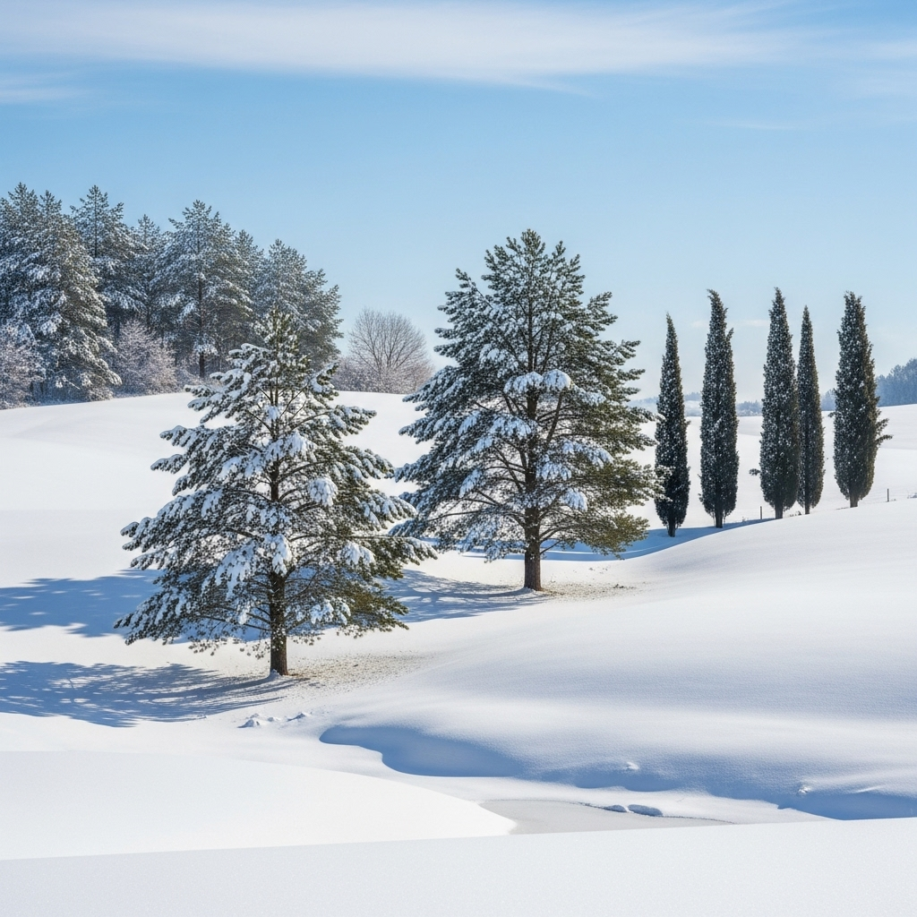 A beautiful, serene winter landscape with snow-covered pine trees and cypress trees standing tall against a clear blue sky, evoking a sense of calm resilience. No people or buildings, just nature. 겨울 시화한파를 이기는 5가지 지혜: 설중송백처럼 굳건하게!