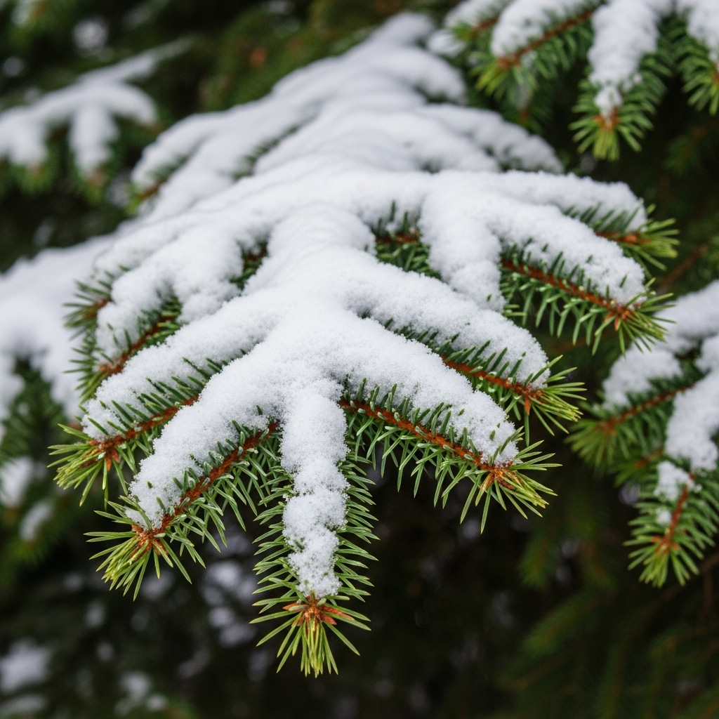 A close-up shot of a single pine branch heavily laden with fresh snow, showcasing its vibrant green needles contrasting with the white snow. The focus is on the resilience of the branch. 겨울 시화한파를 이기는 5가지 지혜: 설중송백처럼 굳건하게!