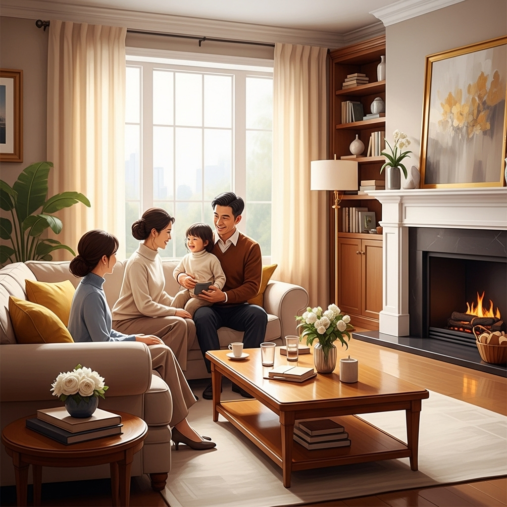 A serene living room filled with soft, warm light, a happy family laughing together, a peaceful and harmonious atmosphere. The image should convey warmth and good fortune without any text. 화기민상: 가정과 직장에 긍정 에너지를 채우는 3가지 지혜