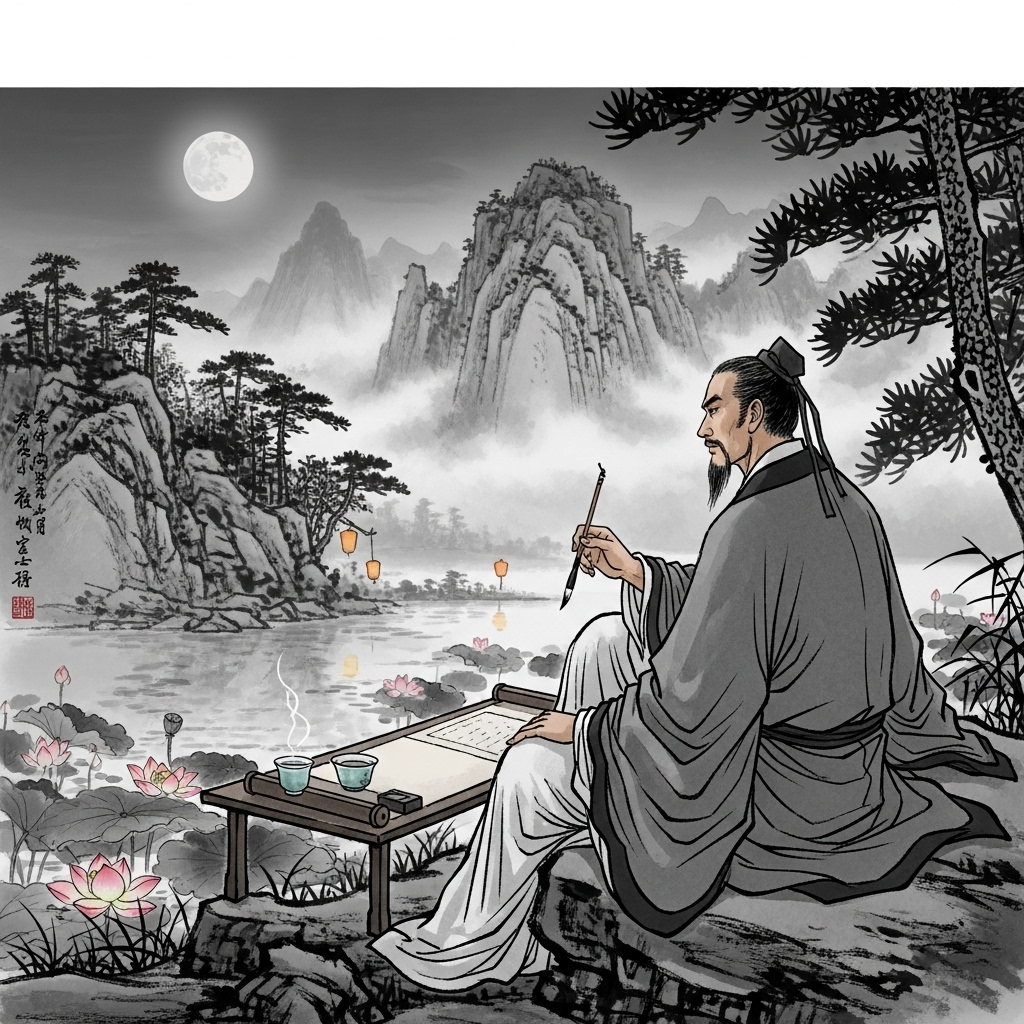 An ancient Chinese scholar contemplating under moonlight, traditional ink painting style, serene mountain landscape in background, peaceful atmosphere, artistic rendering 회광반조 뜻과 유래: 죽음 직전 마지막 기운이 주는 3가지 인생 교훈