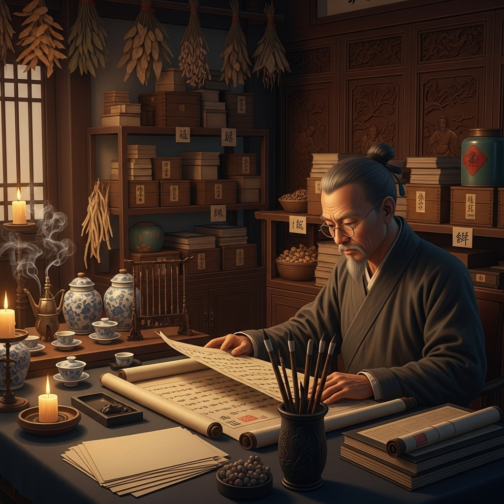 Traditional Chinese medicine scene with an elderly doctor examining scrolls, ancient medical texts, warm candlelight, historical setting, detailed illustration