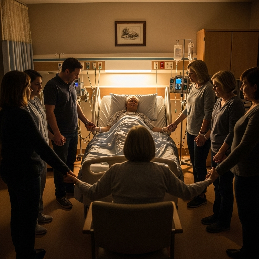 Family members holding hands around a hospital bed, warm lighting, emotional scene showing love and connection, peaceful atmosphere