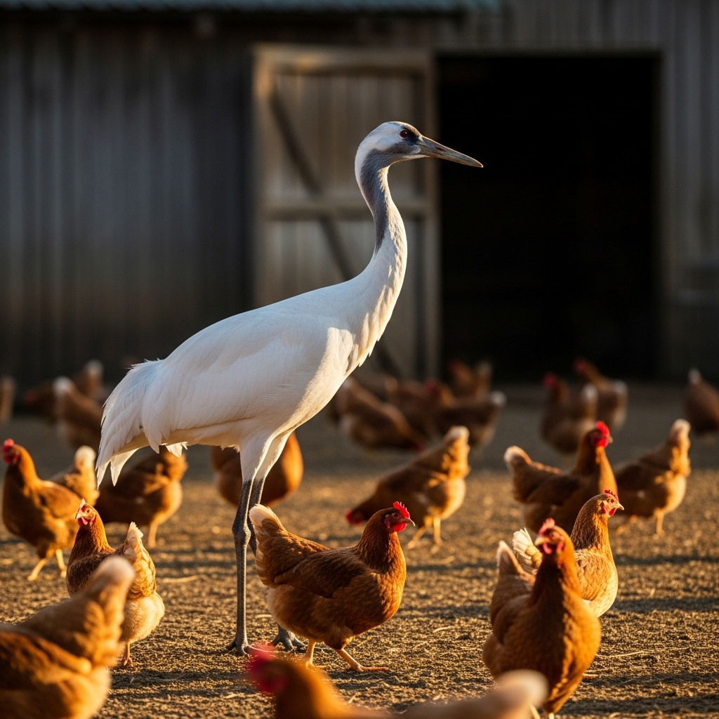 A majestic crane standing tall among a flock of chickens in a peaceful farmyard, with warm golden sunlight filtering through the scene, emphasizing the contrast between the elegant white crane and the brown chickens 군계일학의 진정한 의미, 평범함 속에서 빛나는 특별함의 가치