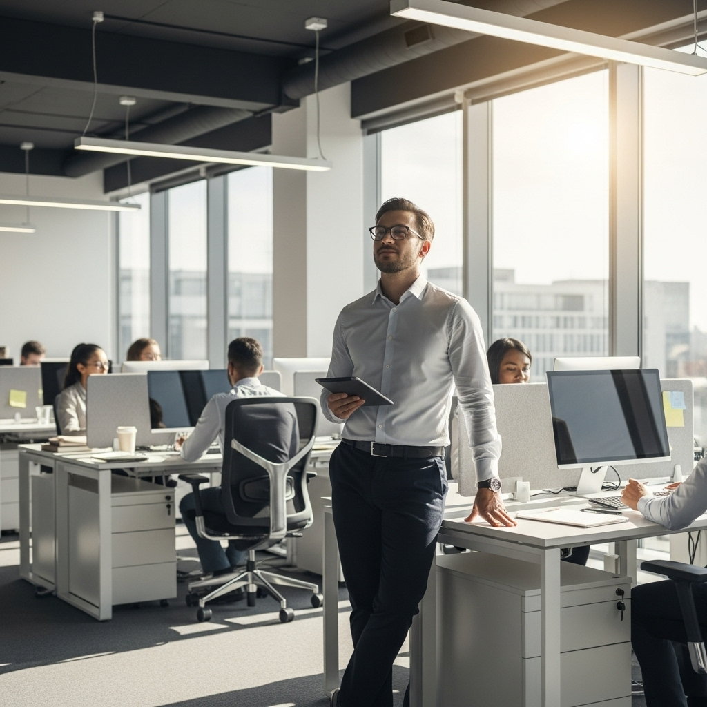 A young professional person standing confidently in a modern office environment, surrounded by colleagues working at desks, with the main figure highlighted by natural light coming through large windows 군계일학의 진정한 의미, 평범함 속에서 빛나는 특별함의 가치