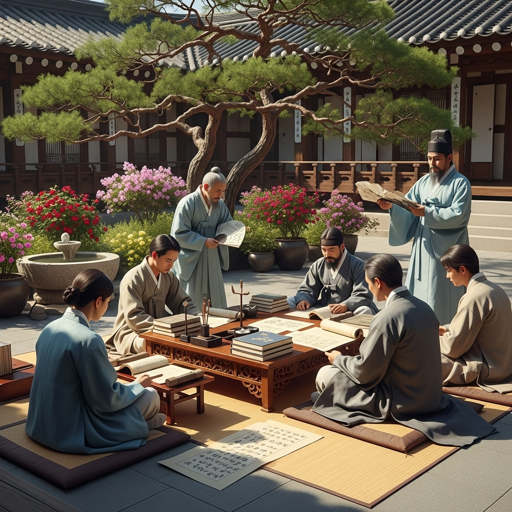 Traditional Korean scholars in hanbok sitting around a low wooden table with books and scrolls, studying together in a serene traditional courtyard with blooming flowers 군계일학의 진정한 의미, 평범함 속에서 빛나는 특별함의 가치