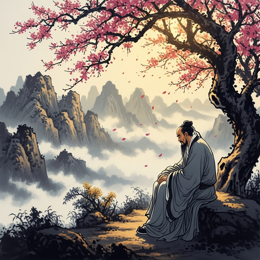 Ancient Chinese philosopher sitting under a blooming tree, contemplating life and death, traditional ink painting style, serene mountain landscape in background, warm golden sunlight filtering through branches 공전사후 뜻과 교훈: 죽음 앞에서도 변하지 않는 7가지 인생의 진실