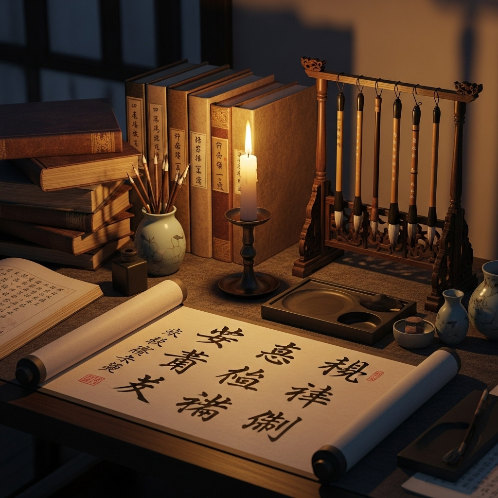Traditional Chinese scroll with elegant calligraphy characters, surrounded by ancient books and writing brushes, soft candlelight illumination, scholarly atmosphere 공전사후 뜻과 교훈: 죽음 앞에서도 변하지 않는 7가지 인생의 진실