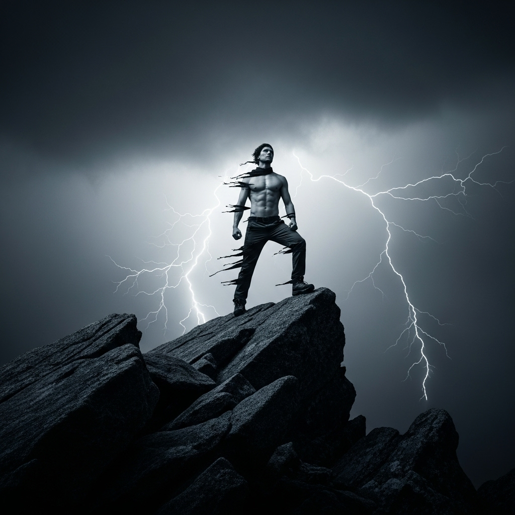 Person standing firmly on mountain peak during storm, unwavering stance against strong winds, dramatic sky with lightning, metaphor for unwavering principles 공전사후 뜻과 교훈: 죽음 앞에서도 변하지 않는 7가지 인생의 진실