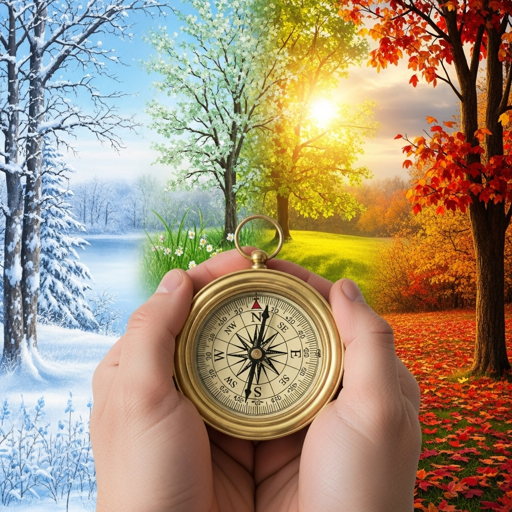 Hands holding a compass pointing north steadily, surrounded by changing seasons in background, symbolizing unwavering direction through life changes 공전사후 뜻과 교훈: 죽음 앞에서도 변하지 않는 7가지 인생의 진실