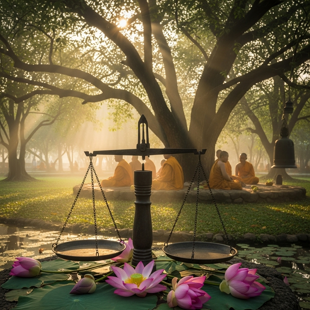 A serene Buddhist temple garden with a traditional balance scale in the foreground, surrounded by blooming lotus flowers and peaceful monks meditating under ancient trees, soft golden light filtering through the morning mist 인과응보의 뜻과 의미 7가지 교훈으로 알아보는 삶의 지혜