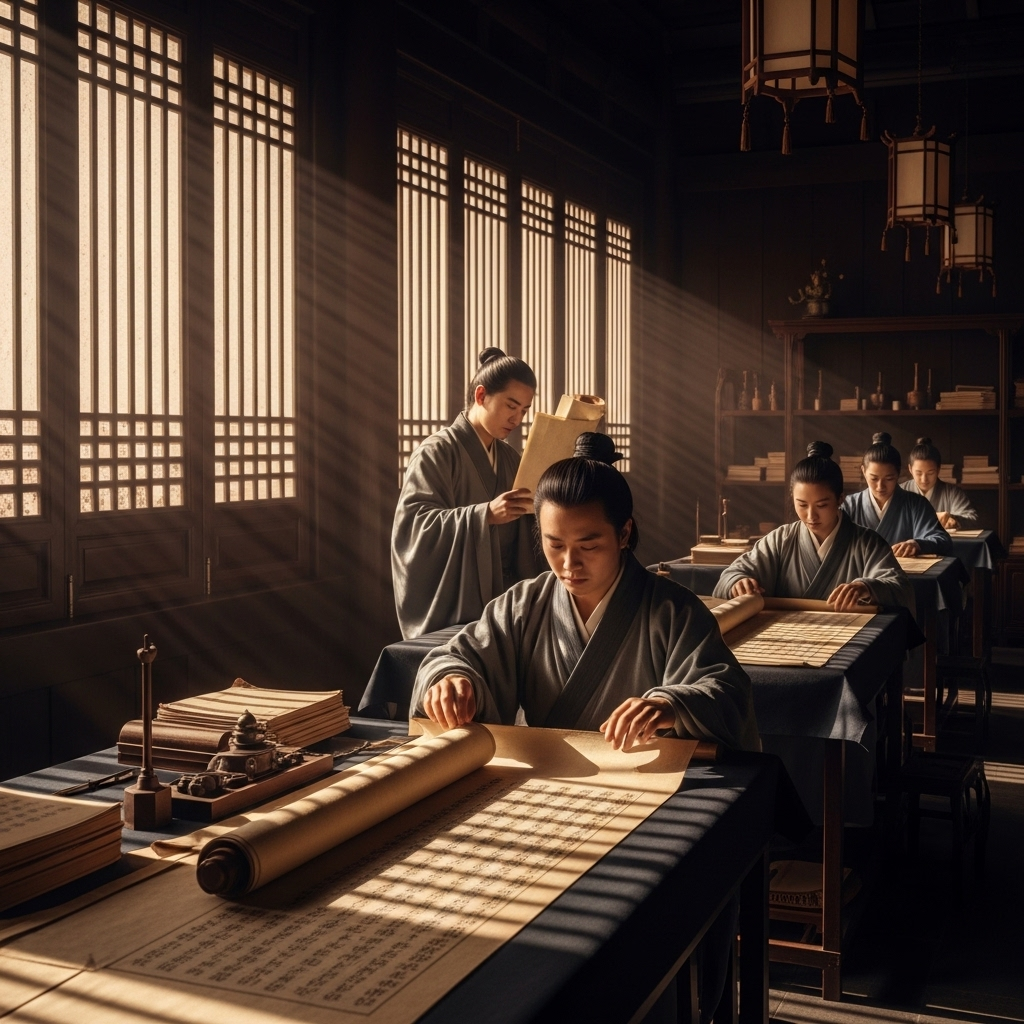 Ancient Chinese scholars studying scrolls in a traditional library, with golden sunlight streaming through wooden windows, depicting the historical transmission of Buddhist wisdom and moral teachings