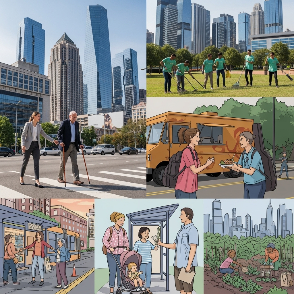 A modern city skyline with people helping each other in daily life scenes, showing acts of kindness like helping elderly cross the street, volunteers cleaning parks, and people sharing food, representing karma in contemporary society
