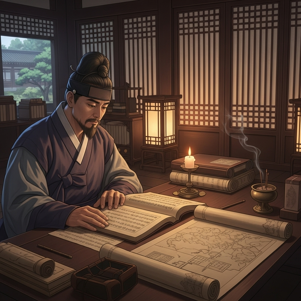 A traditional Korean scholar sitting at a wooden desk with ancient books and scrolls, contemplating under soft candlelight in a serene study room with traditional Korean architecture 자업자득 뜻과 교훈 7가지로 알아보는 인생의 지혜