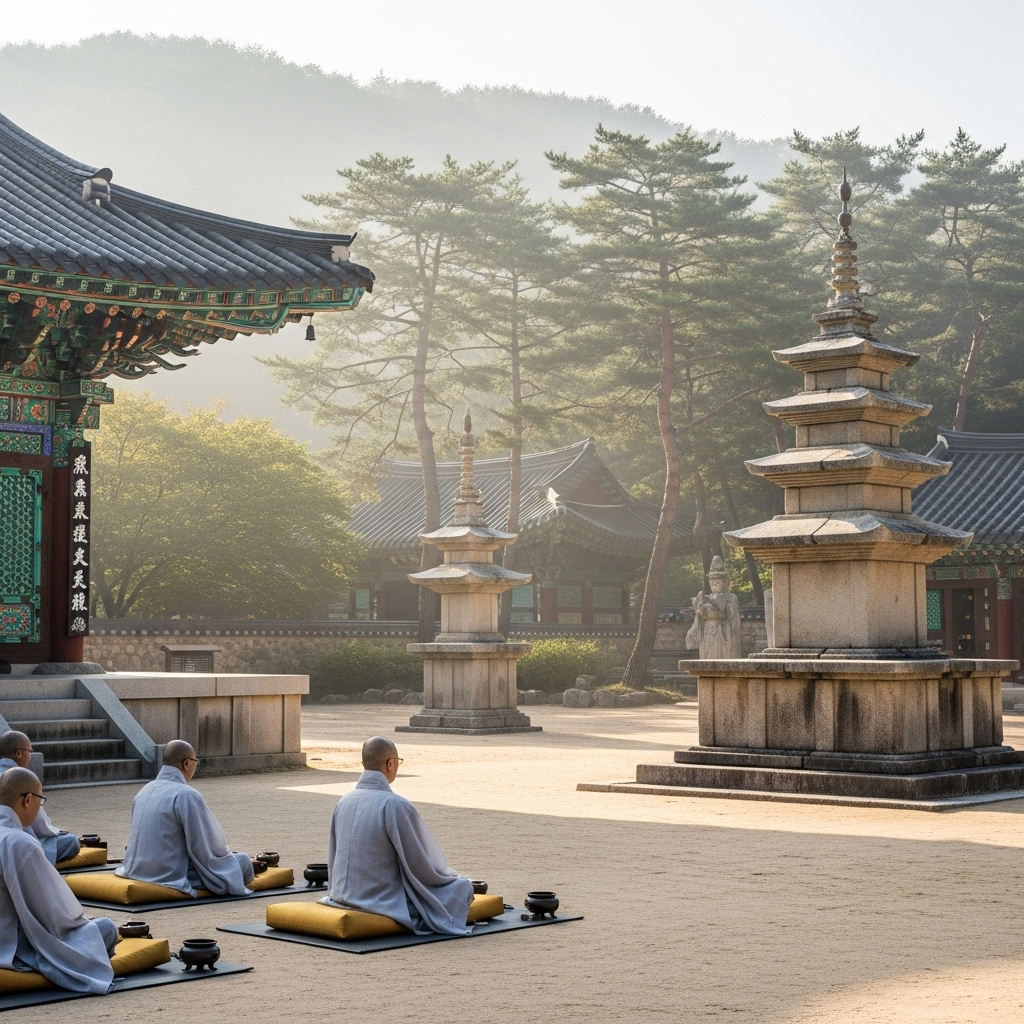 Ancient Buddhist temple with monks meditating peacefully in the morning mist, surrounded by traditional Korean pine trees and stone pagodas 자업자득 뜻과 교훈 7가지로 알아보는 인생의 지혜