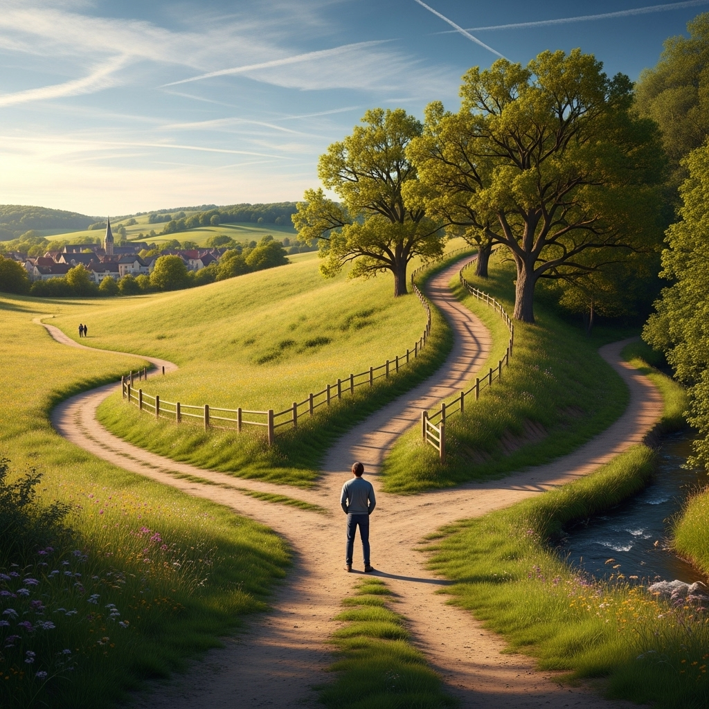 A person standing at a crossroads with multiple paths stretching into the distance, symbolizing life choices and their consequences in a peaceful countryside setting 자업자득 뜻과 교훈 7가지로 알아보는 인생의 지혜